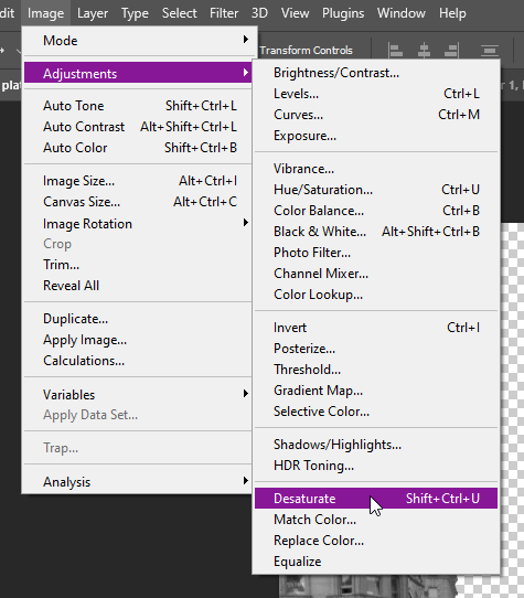 Where to find the desaturate menu in Adobe Photoshop.